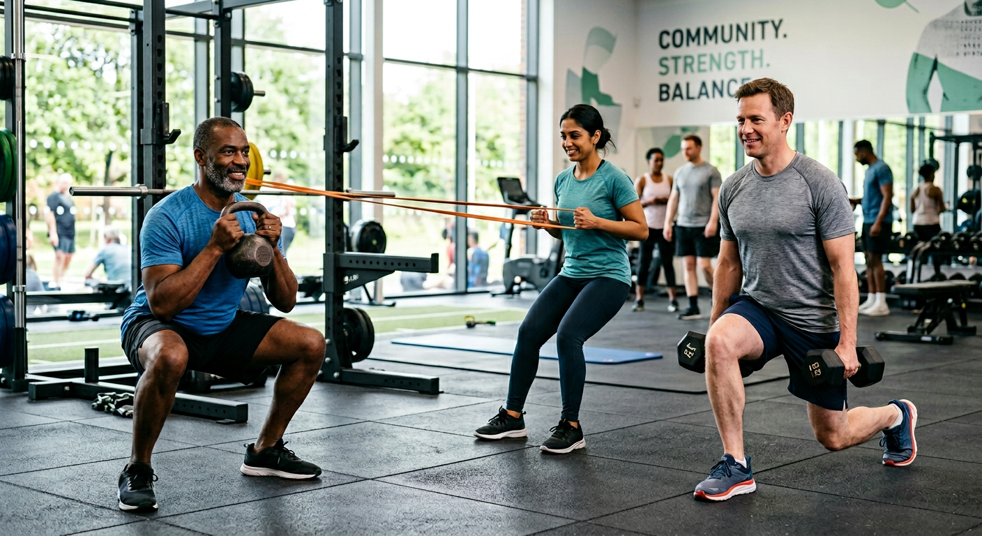 Diverse group of British adults performing strength training exercises in a UK leisure center gym resistance training to preserve muscle mass during weight loss