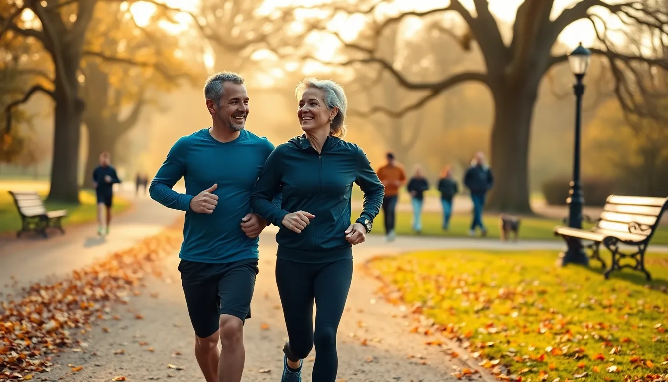 Active British couple jogging together through an autumn park in England enjoying improved fitness and energy from combining tirzepatide with regular exercise