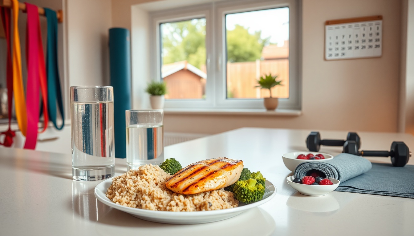 High-protein post-workout meal in UK home with resistance training equipment for Tirzepatide exercise programme