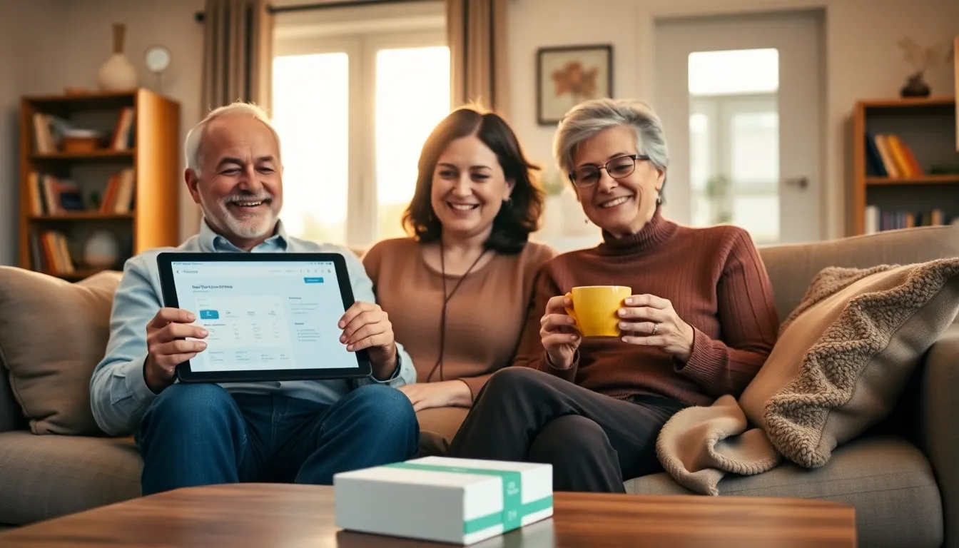 Couple in a UK living room completing an online clinical assessment for tirzepatide weight loss treatment with discreet home delivery package